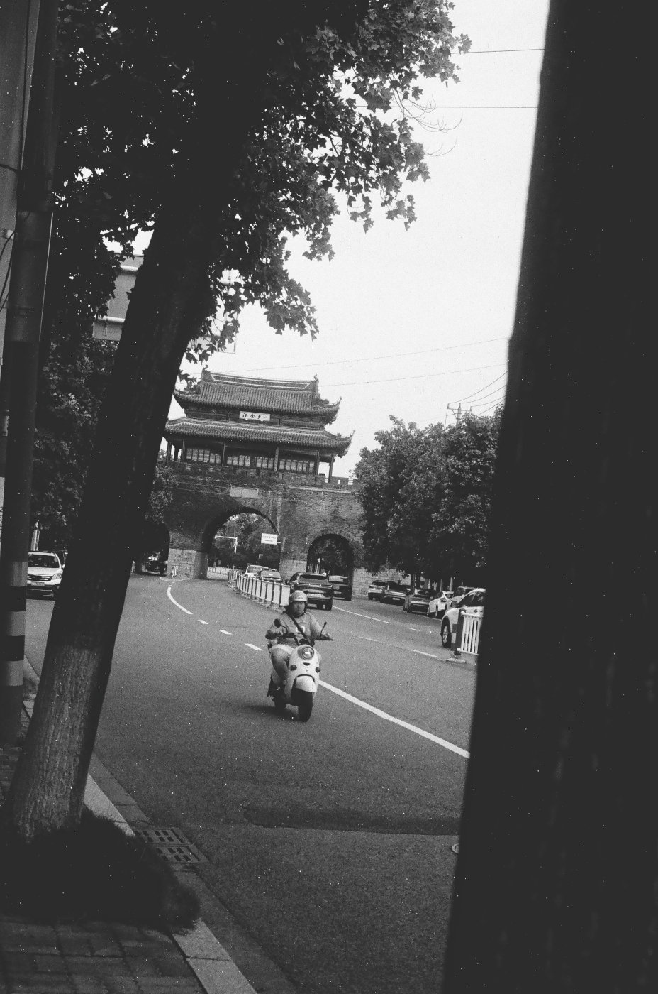 最后我又回到了阜成门城楼，隔着树影望向远处。